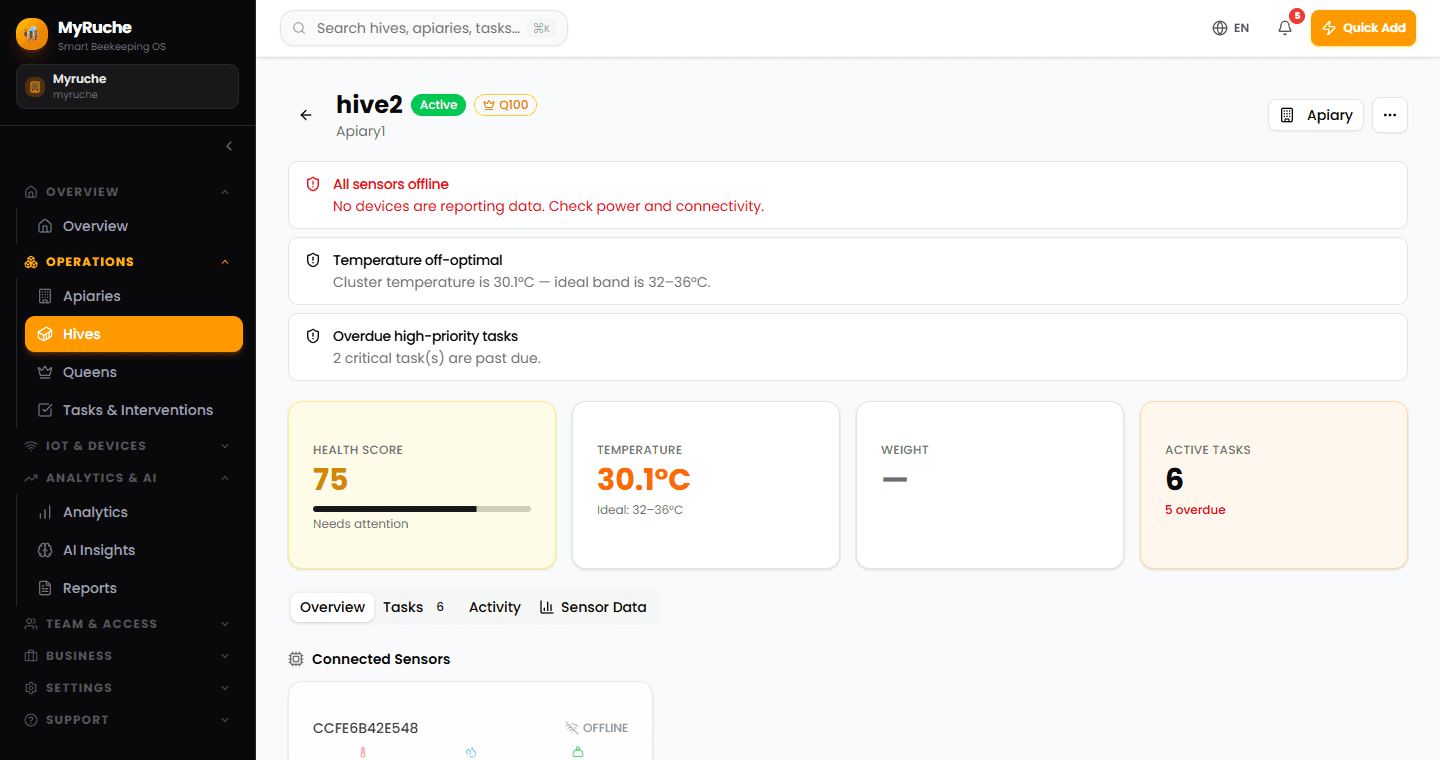MyRuche hive monitoring screen with health score, temperature, alerts and tasks